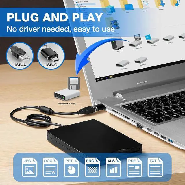 Alt view image 3 of 7 - Floppy Disk Reader, 3.5 inch USB External Floppy Drive for PC/Laptop and Desktop, 1.44 MB FDD Portable USB Port Powered Drive for Window 98SE/ME/2000/XP/VISTA/Win7, Not Compatible with Mac