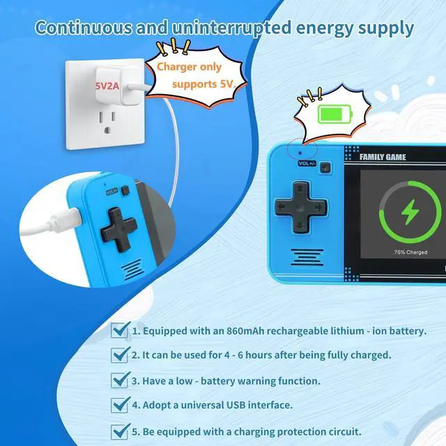 Alt view image 3 of 6 - _Mega Brand Handheld Game for Kids -Preloaded 220 Retro Video Games, Portable Gaming Player with Rechargeable Battery 3.0" LCD Screen, Mini Arcade Electronic Toy Gifts for Boys Girls (Blue)
