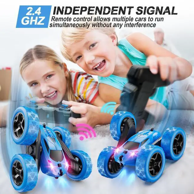 Alt view image 3 of 6 - _Mega Brand Remote Control Car, RC Cars Toys for Kids Ages 6-12, 4WD Stunt Car with LED Lights & 360° Flips, 2.4GHz, Upgraded USB-C Modular Batteries, 8-10 Year Old Boys Birthday Gift 1-Blue