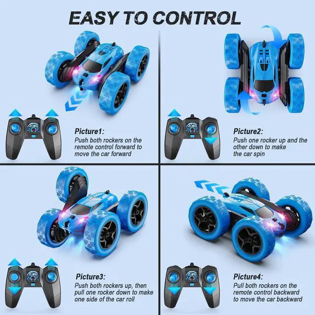 Alt view image 6 of 6 - _Mega Brand Remote Control Car, RC Cars Toys for Kids Ages 6-12, 4WD Stunt Car with LED Lights & 360° Flips, 2.4GHz, Upgraded USB-C Modular Batteries, 8-10 Year Old Boys Birthday Gift 1-Blue
