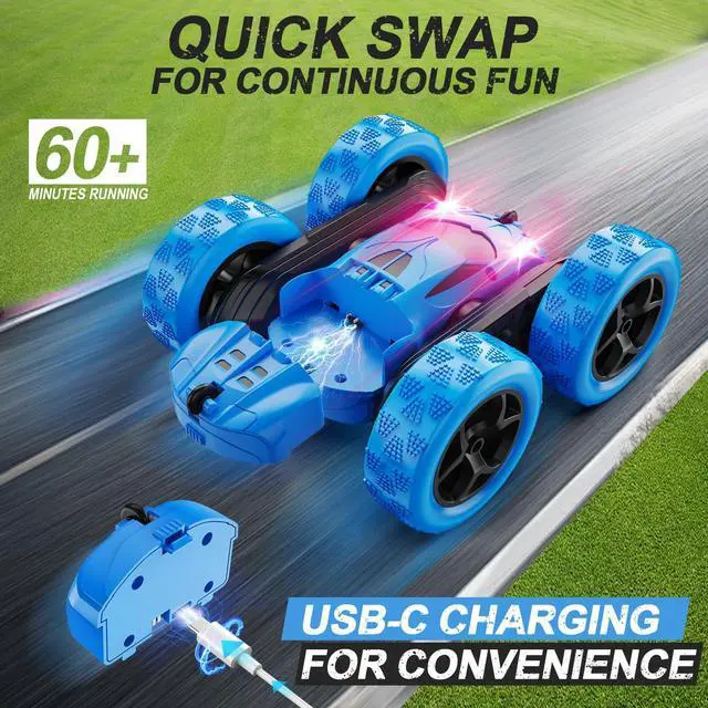 Alt view image 2 of 6 - _Mega Brand Remote Control Car, RC Cars Toys for Kids Ages 6-12, 4WD Stunt Car with LED Lights & 360° Flips, 2.4GHz, Upgraded USB-C Modular Batteries, 8-10 Year Old Boys Birthday Gift 1-Blue
