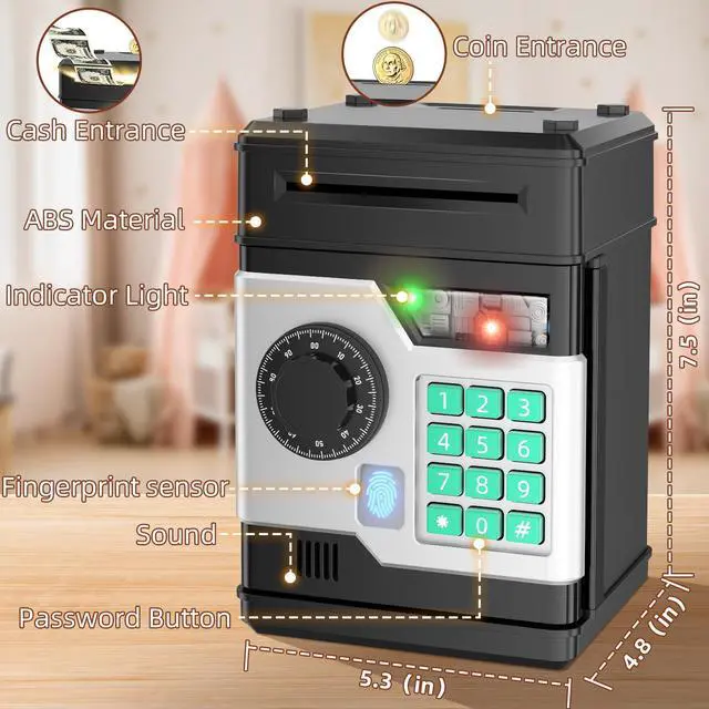 Alt view image 2 of 6 - _Mega Brand Piggy Bank, Automatic Electronic Piggy Bank for Kids Boys Girls with Password and Fingerprint Unlocking Simulation, Money Bank Kids Safe Toys for 3 4 5 6 7 8 9 10 Year Old Boy Girl (Black)