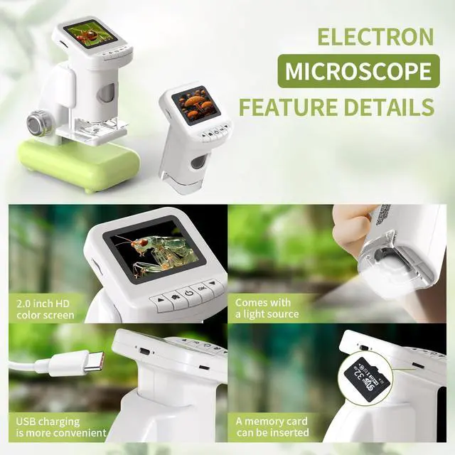 Alt view image 5 of 7 - _Mega Brand 1200X Microscope for Kids with 2 inch Screen STEM Digital Science Kit Rechargeable Handheld Zoom 32GB SD Card Slides Photo and Video Gift for Kids Ages 6 to 12 (Green)