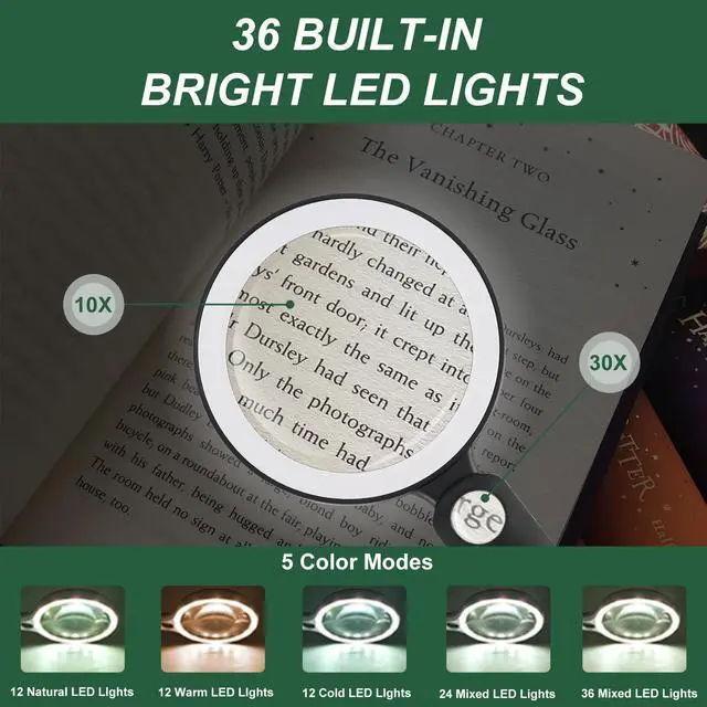 Alt view image 3 of 7 - Glass Magnifying Glass with Light Handheld 10X 30X Magnifier with 36 LEDs, 5 Color Modes Rechargeable Lighted Magnifiers, Gift for Senior Reading, Coin, Stamps, Inspection (White & Black)