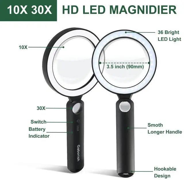 Alt view image 5 of 7 - Glass Magnifying Glass with Light Handheld 10X 30X Magnifier with 36 LEDs, 5 Color Modes Rechargeable Lighted Magnifiers, Gift for Senior Reading, Coin, Stamps, Inspection (White & Black)