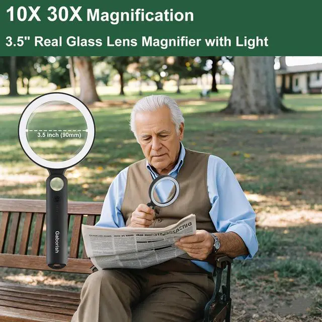 Alt view image 2 of 7 - Glass Magnifying Glass with Light Handheld 10X 30X Magnifier with 36 LEDs, 5 Color Modes Rechargeable Lighted Magnifiers, Gift for Senior Reading, Coin, Stamps, Inspection (White & Black)