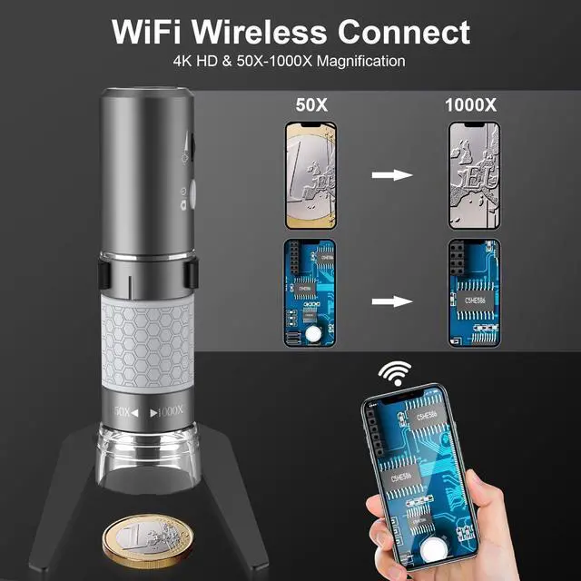 Alt view image 2 of 7 - _Mega Brand 4K HD Wi-Fi Wireless Digital Microscope Camera Magnifier, Compatible for iPhone, iPad, Android Phones and PC