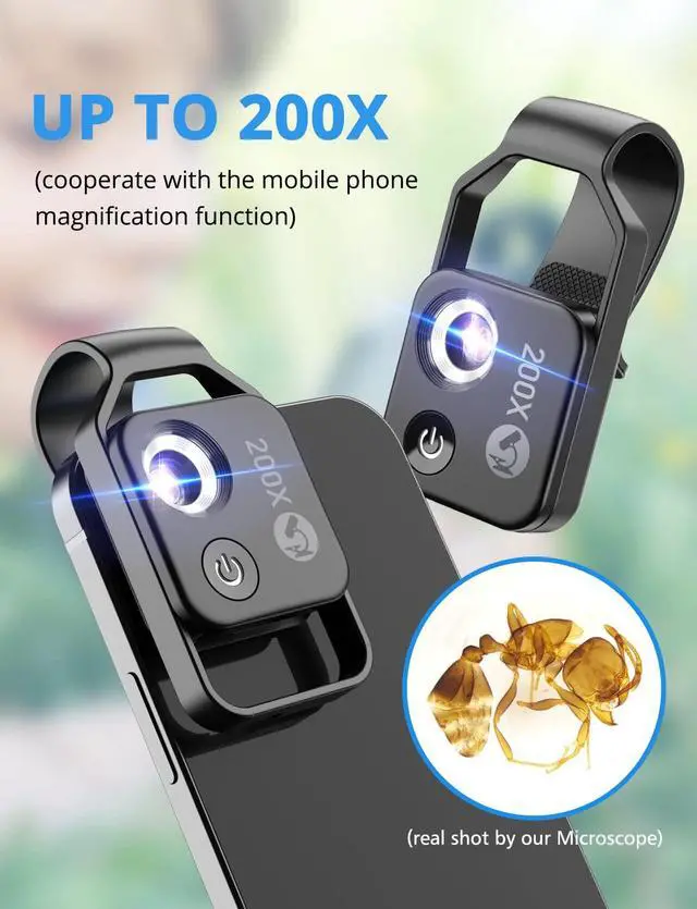 Alt view image 2 of 7 - _Mega Brand 200X Phone Mini Pocket Microscope with LED Light/Universal Clip,Nano Zoom Portable Digital Microscope Camera Attachments for 99% Smartphone, Microworld for Kids Adults(Black 200X with CPL)