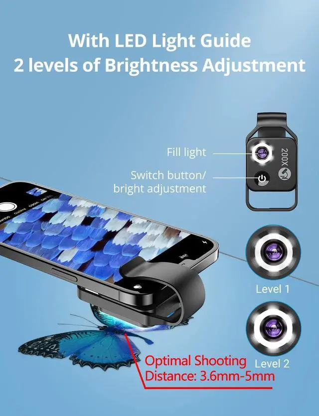 Alt view image 5 of 7 - _Mega Brand 200X Phone Mini Pocket Microscope with LED Light/Universal Clip,Nano Zoom Portable Digital Microscope Camera Attachments for 99% Smartphone, Microworld for Kids Adults(Black 200X with CPL)