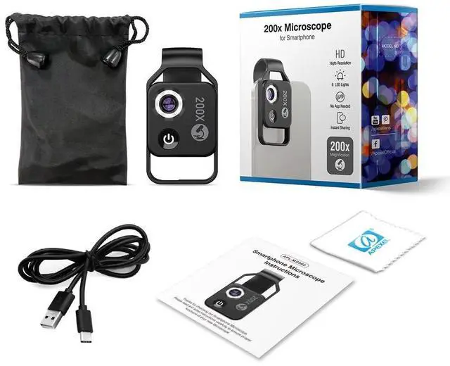 Alt view image 7 of 7 - _Mega Brand 200X Phone Mini Pocket Microscope with LED Light/Universal Clip,Nano Zoom Portable Digital Microscope Camera Attachments for 99% Smartphone, Microworld for Kids Adults(Black 200X with CPL)