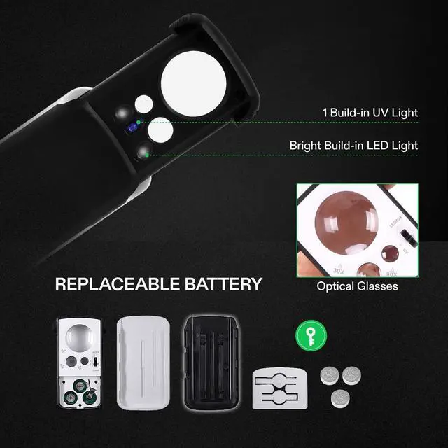 Alt view image 4 of 7 - _Mega Brand Slide-Out Jewelry Loupe Magnifier 30X 60X 90X LED Lighted Eye Loupe with UV Light for Jewelry, Diamonds, Gems, Coins, Stamps, Rocks, Black
