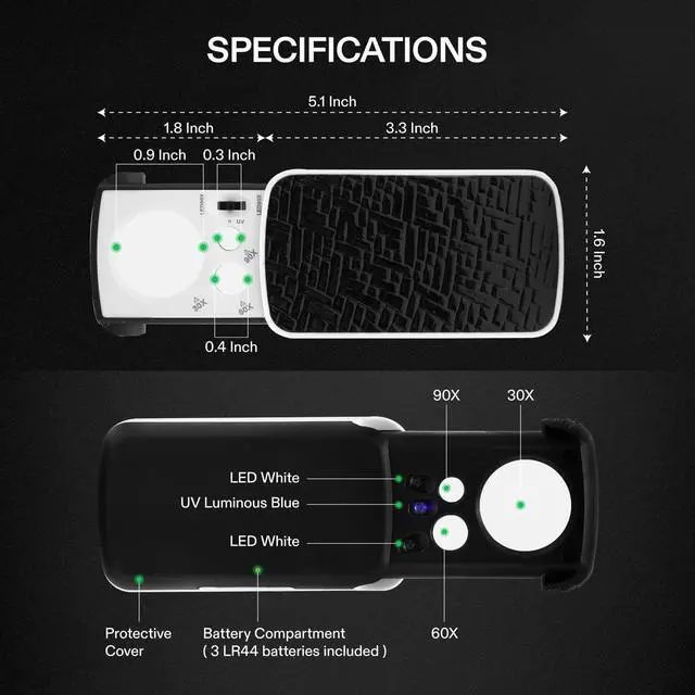 Alt view image 2 of 7 - _Mega Brand Slide-Out Jewelry Loupe Magnifier 30X 60X 90X LED Lighted Eye Loupe with UV Light for Jewelry, Diamonds, Gems, Coins, Stamps, Rocks, Black