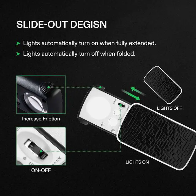 Alt view image 6 of 7 - _Mega Brand Slide-Out Jewelry Loupe Magnifier 30X 60X 90X LED Lighted Eye Loupe with UV Light for Jewelry, Diamonds, Gems, Coins, Stamps, Rocks, Black