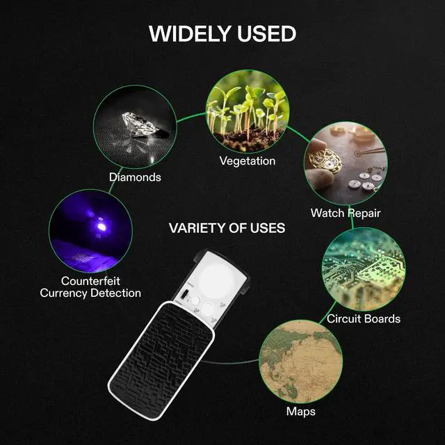 Alt view image 7 of 7 - _Mega Brand Slide-Out Jewelry Loupe Magnifier 30X 60X 90X LED Lighted Eye Loupe with UV Light for Jewelry, Diamonds, Gems, Coins, Stamps, Rocks, Black