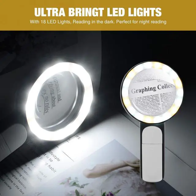 Alt view image 7 of 7 - _Mega Brand Magnifying Glass with Light, 30X Handheld Large 18LED Cold and Warm Light with 3 Modes, Illuminated Magnifier for Seniors Reading, Inspection, Coins, Jewelry, Exploring