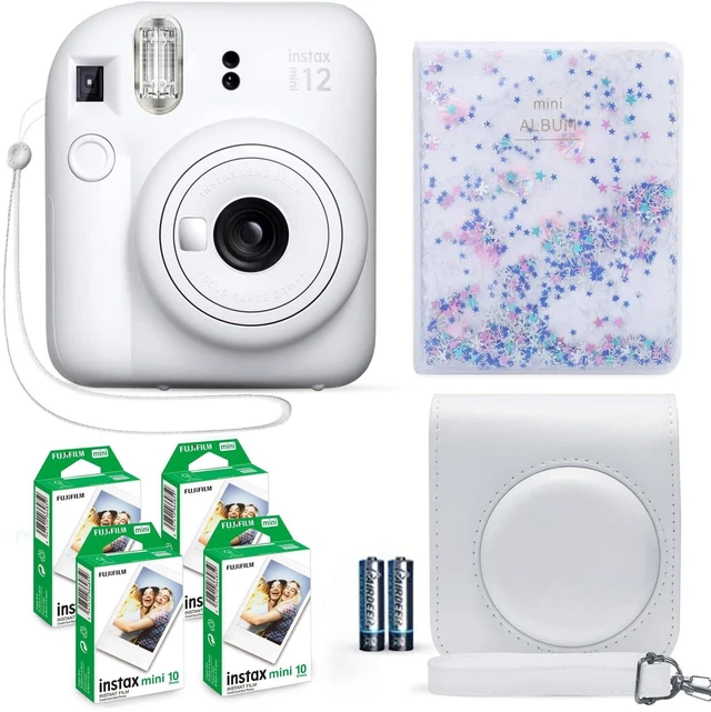 Main image of Instax Mini 12 Instant Camera Clay White + Fuji Film Value Pack (40 Sheets) + Shutter Accessories Bundle, Incl. Compatible Carrying Case, Quicksand Beads Photo Album 64 Pockets