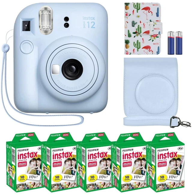 Main image of Instax Mini 12 Instant Camera + MiniMate Accessory Bundle & Compatible Custom Case + Fuji Instax Film Value Pack (50 Sheets) Flamingo Designer Photo Album (Pastel Blue)