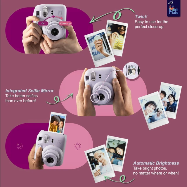 Alt view image 4 of 7 - Instax Mini 12 Instant Camera + MiniMate Accessory Bundle & Compatible Custom Case + Fuji Instax Film Value Pack (50 Sheets) Flamingo Designer Photo Album (Blossom Pink)