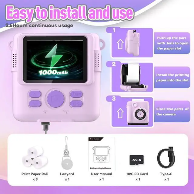 Alt view image 6 of 7 - _Mega Brand Instant Print Camera for Kids, Christmas Birthday Gifts for Girls Boys, HD Digital Video Cameras for Toddler, Portable Toy for 4 5 6 7 8 9 10 Year Old Girl with 32GB SD Card-Purple