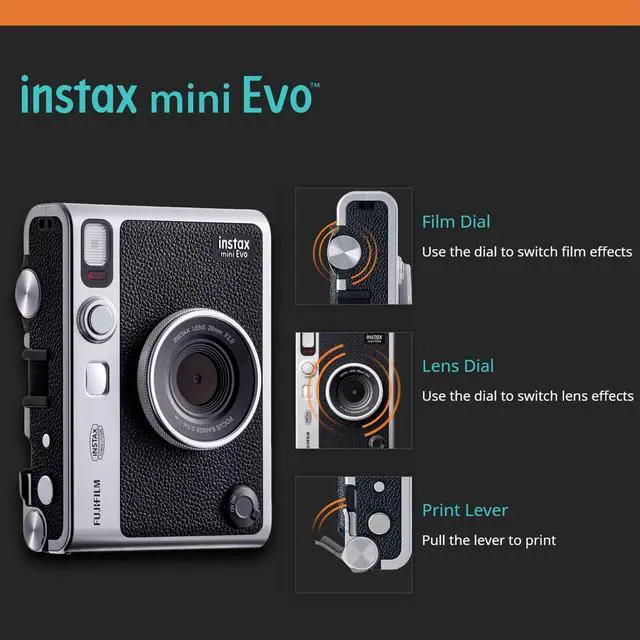 Alt view image 3 of 7 - _Mega Brand Instax Mini EVO Hybrid Instant Camera Black Bundle with Instax Mini Instant Film 20 Sheets, 32GB microSD Card, Vintage Style Black Camera Case, Bundle