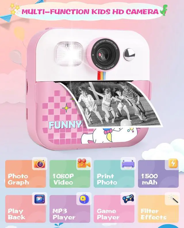 Alt view image 5 of 7 - _Mega Brand Kids Instant Print Camera, Upgrade Digital Camera for Toddlers Ages 3-12, 1080P HD Video Recorder with 32GB SD Card, 2.4" Screen, Birthday Gifts for 6-10 Year Old Girls Boys