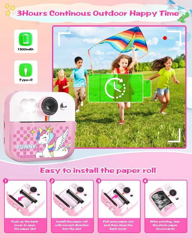 Alt view image 7 of 7 - _Mega Brand Kids Instant Print Camera, Upgrade Digital Camera for Toddlers Ages 3-12, 1080P HD Video Recorder with 32GB SD Card, 2.4" Screen, Birthday Gifts for 6-10 Year Old Girls Boys