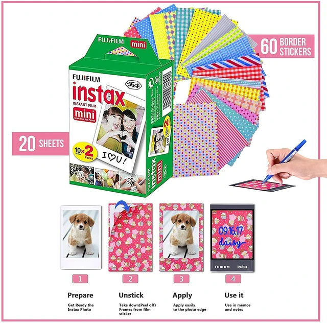 Alt view image 2 of 5 - Instax Mini Instant Film (2 Pack, 40 Sheets) 5 Plastic Desk Frames + 60 Sticker Frames + 2 Packs Corner Stickers