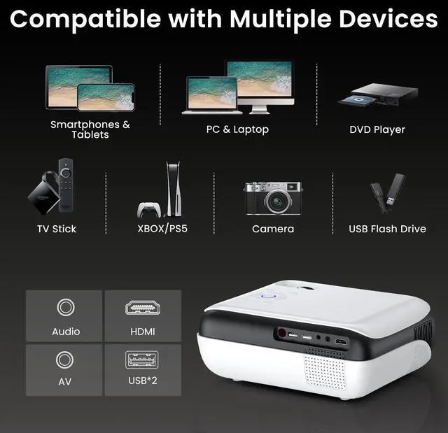 Alt view image 7 of 7 - Native 1080P Bluetooth Projector, Full HD Portable Outdoor Movie Projector with Built-in Speaker, Compatible with Smartphone, HDMI, USB, AV, Fire Stick, PS5 for Home, Bedroom, Outdoor Use