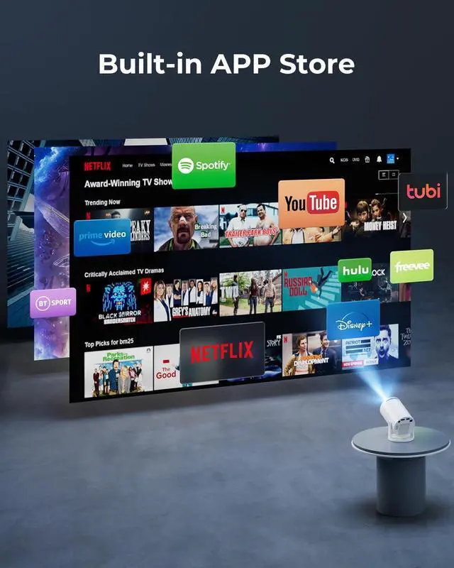 Alt view image 2 of 7 - Mini Projector with WiFi and Bluetooth - Built-in Apps, Smart Portable Projector with 180° Rotation, Auto Keystone, Support 1080P, Compatible with HDMI/USB/TV Stick/Smartphone/Laptop