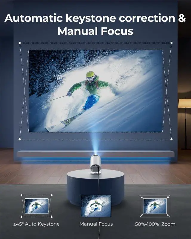 Alt view image 4 of 7 - Mini Projector with WiFi and Bluetooth - Built-in Apps, Smart Portable Projector with 180° Rotation, Auto Keystone, Support 1080P, Compatible with HDMI/USB/TV Stick/Smartphone/Laptop