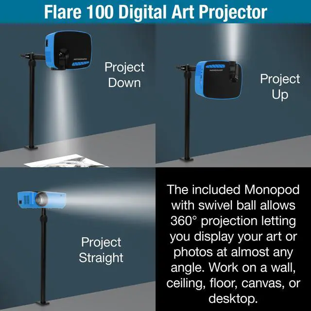 Alt view image 2 of 7 - _Mega Brand Flare 100 Artist HD Digital Projector with Monopod Arm Clamp Stand - HDMI, Art Grids, and Wi-Fi