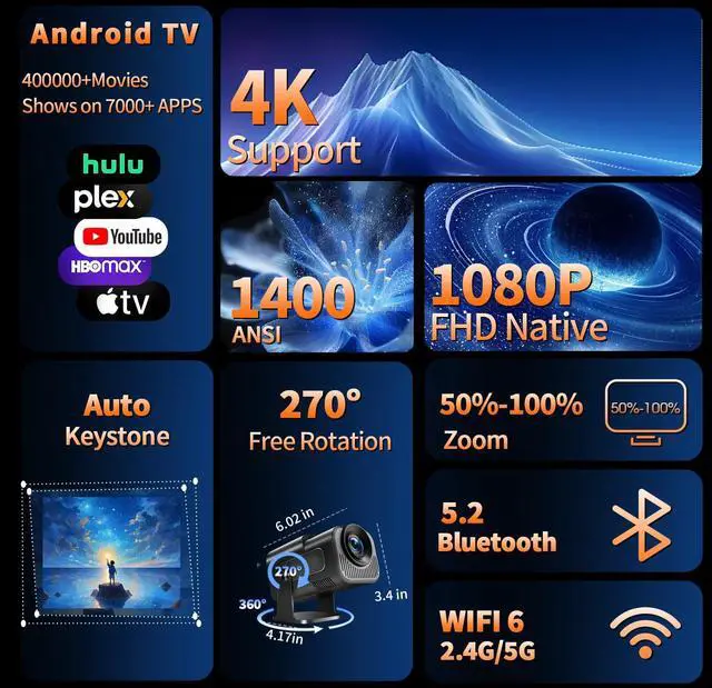 Alt view image 2 of 7 - Built-in AppsProjector 1080P Full HD, 4K Projector with 270° Rotation,Portable Projector WiFi 6 & Bluetooth 5.2 Support,Featuring Auto Keystone Correction,HDMI/USB Connectivity Projector Black