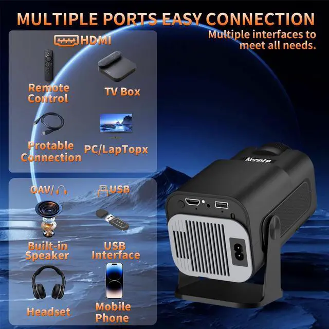 Alt view image 4 of 7 - Built-in AppsProjector 1080P Full HD, 4K Projector with 270° Rotation,Portable Projector WiFi 6 & Bluetooth 5.2 Support,Featuring Auto Keystone Correction,HDMI/USB Connectivity Projector Black