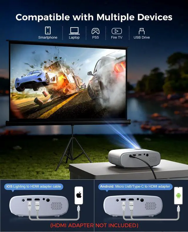 Alt view image 4 of 7 - Mini Projector for iPhone, 2025 Upgraded 1080P HD Projector, 8000L Portable Projector with Tripod, Movie Projector Compatible with Android/iOS/Windows/TV Stick/HDMI/USB
