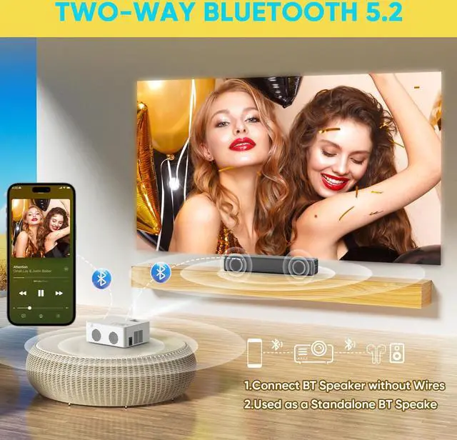 Alt view image 3 of 7 - _Mega Brand Mini Bluetooth Projector, Full HD 1080P Supported Portable Outdoor Movie Projector for iOS, Android, Windows, Compatible with TV Stick/HDMI/Smartphone/PS4/USB [Remote Included]