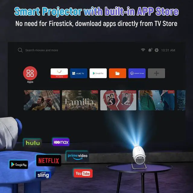 Alt view image 3 of 7 - Mini Portable Movie Projector with WiFi and Bluetooth, 4K 1080P Support, 180° Rotatable 130'' Screen, Auto Keystone Compatible with HDMI/USB/Smartphone/PC/Laptop