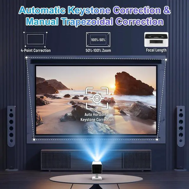 Alt view image 4 of 7 - Mini Projector, 4K Portable Video Projector with WiFi6 & Bluetooth 5.4, 150 ANSI Lumen, Automatic Vertical Correction, 130'' Screen Home Cinema Smart Projector for Phone, PC, HDMI USB, Laptop