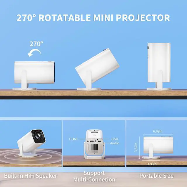 Alt view image 4 of 7 - _Mega Brand Mini Projector,Portable Projector 4K Support,Full HD 1080P Outdoor Projector,270° Rotation Movie Projector,Compatible with Smartphone,TV Stick,Laptop,PS4,HDMI,USB(No WiFi or Bluetooth)