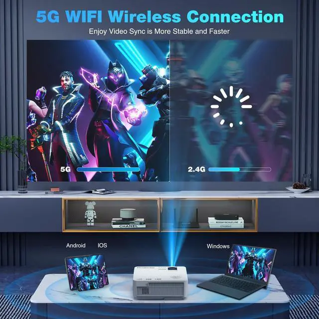 Alt view image 5 of 7 - Native 1080P Projector with 5G WiFi Bluetooth, 4K Supported Home Projector, Portable Outdoor Projector with Max 300" Display, Movie Projector Compatible with TV Stick, HDMI, Phone