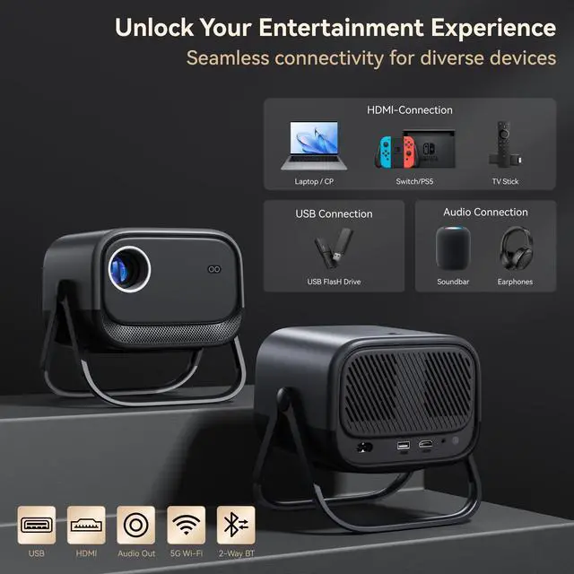 Alt view image 7 of 7 - Electric Focus&360°Adjustable Stand-1080P Phone Projector with WiFi and Two-way Bluetooth, 2025 Latest Upgraded Auto Keystone Ceiling Projector, Home Movie Proyector for iPhone/TV Stick/Laptop