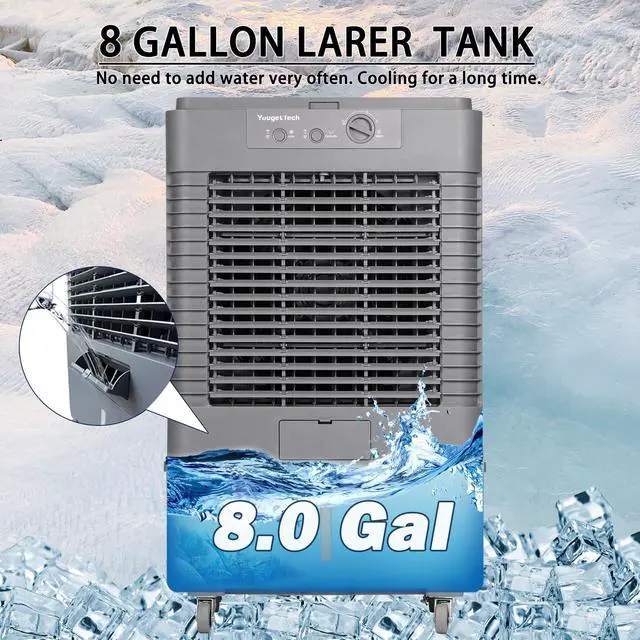 Alt view image 3 of 7 - _Mega Brand 37" Evaporative Air Cooler 3000 CFM, 8 Gal Water Tank, 3 Speeds, Oscillating Cools up to 720 Sq. ft, Portable Industrial Swamp Water Cooler for Outdoor Commercial Factory - Gray