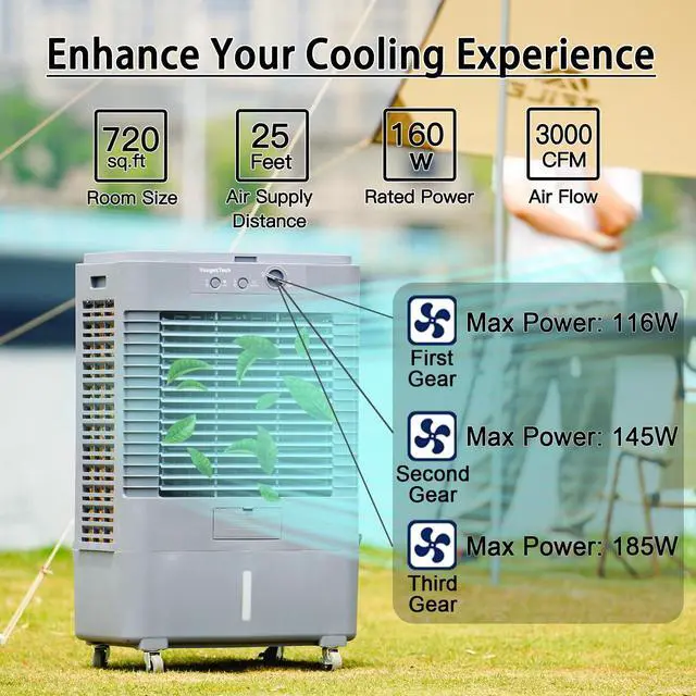 Alt view image 7 of 7 - _Mega Brand 37" Evaporative Air Cooler 3000 CFM, 8 Gal Water Tank, 3 Speeds, Oscillating Cools up to 720 Sq. ft, Portable Industrial Swamp Water Cooler for Outdoor Commercial Factory - Gray
