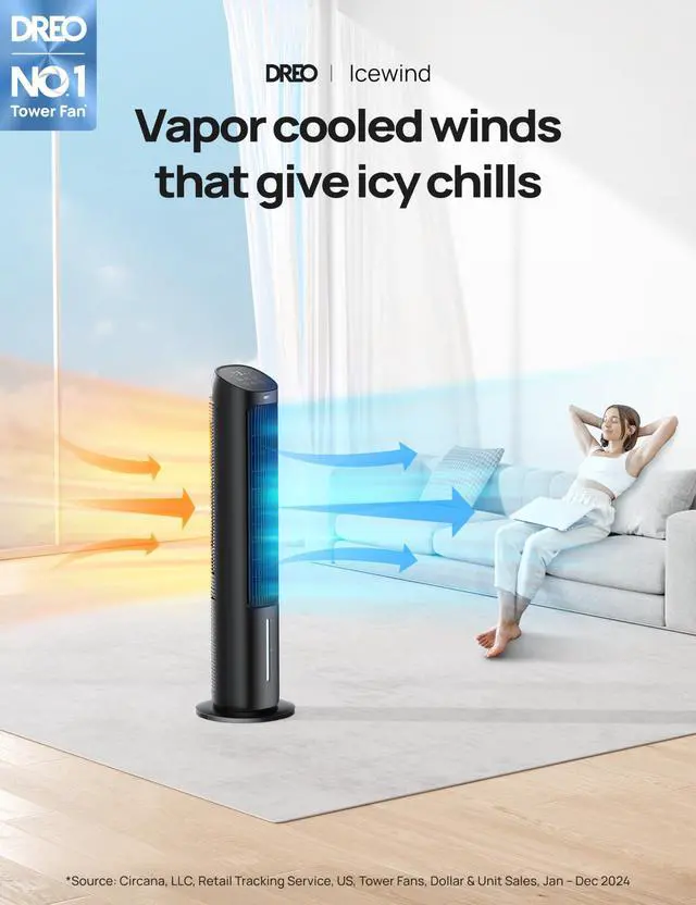 Alt view image 2 of 7 - _Mega Brand Tower Fan for Bedroom,40"Evaporative Air Cooler,Cooling Fans That Blow Cold Air with 80°Oscillating,Removable Water Tank,3 Modes 4-Speed,Remote Control,Quiet Floor Fan,7H Timer,Black