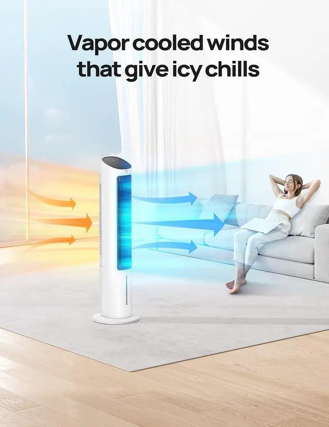 Alt view image 3 of 7 - _Mega Brand Evaporative Air Cooler,40Standing Bladeless Cooling Fan for Bedroom,80°Oscillating Fans that Blow Cold Air,Swamp Cooler,Removable Water Tank,Ice Pack,3 Mode 4-Speed,White and Black