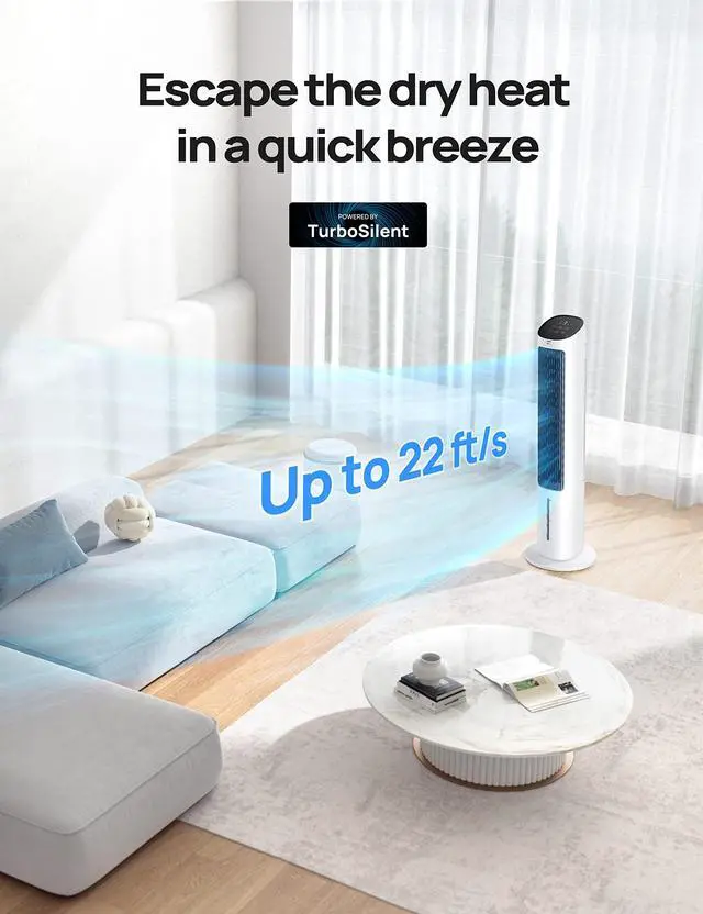 Alt view image 4 of 7 - _Mega Brand Evaporative Air Cooler,40Standing Bladeless Cooling Fan for Bedroom,80°Oscillating Fans that Blow Cold Air,Swamp Cooler,Removable Water Tank,Ice Pack,3 Mode 4-Speed,White and Black