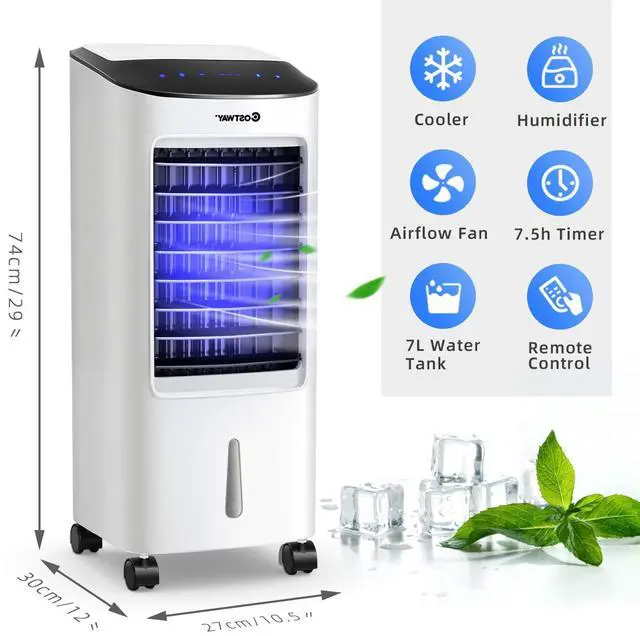 Alt view image 4 of 7 - _Mega Brand Evaporative Cooler, Portable Cooling Fan with Remote Control, 3-Mode, 3-Speed and 7.5H Timer Function, Include Ice Crystal Boxes, Casters and Water Tank, Bladeless Cooler for Home Office
