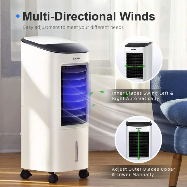 Alt view image 5 of 7 - _Mega Brand Evaporative Cooler, Portable Cooling Fan with Remote Control, 3-Mode, 3-Speed and 7.5H Timer Function, Include Ice Crystal Boxes, Casters and Water Tank, Bladeless Cooler for Home Office