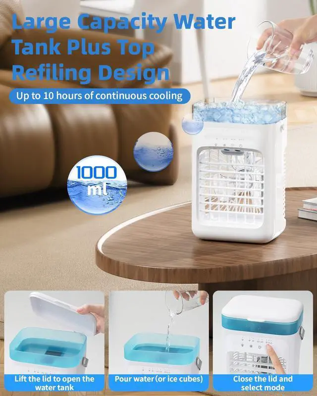 Alt view image 4 of 7 - _Mega Brand Portable Air Conditioners,Personal Mini Air Cooler Cooling Fan with 3 Speeds,1L Evaporative Air Conditioner,7 LED Light,2 Cool Mist Air Conditioners Humidifier Fan Room Bedroom Office