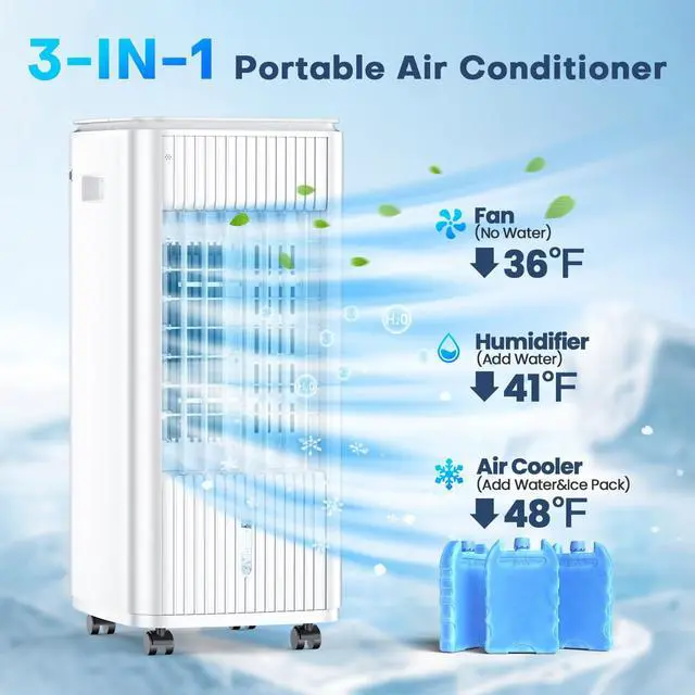 Alt view image 2 of 7 - _Mega Brand 3-IN-1 Windowless Air Conditioner w/Double Tanks, Smart Timer, 3 Ice Packs, 60W Evaporative Air Cooler, 70° Oscillation, 3-Speed 25-INCH Swamp Cooler Air Conditioner Portable for Room