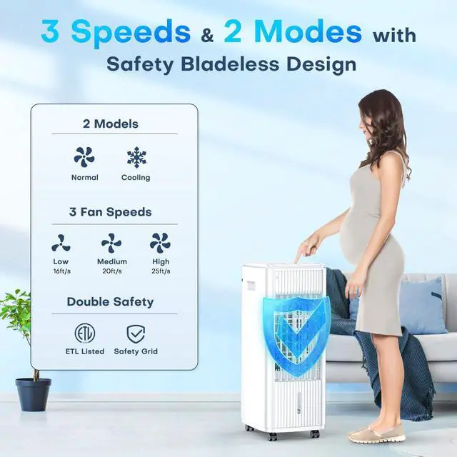 Alt view image 3 of 7 - _Mega Brand 3-IN-1 Windowless Air Conditioner w/Double Tanks, Smart Timer, 3 Ice Packs, 60W Evaporative Air Cooler, 70° Oscillation, 3-Speed 25-INCH Swamp Cooler Air Conditioner Portable for Room
